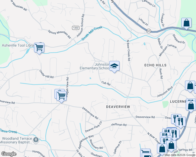map of restaurants, bars, coffee shops, grocery stores, and more near 41 Cub Road in Asheville