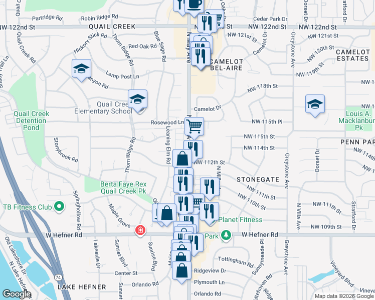 map of restaurants, bars, coffee shops, grocery stores, and more near 11335 North May Avenue in Oklahoma City