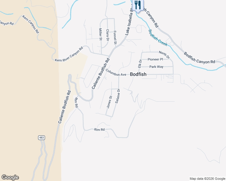 map of restaurants, bars, coffee shops, grocery stores, and more near 102 Salaine Drive in Bodfish