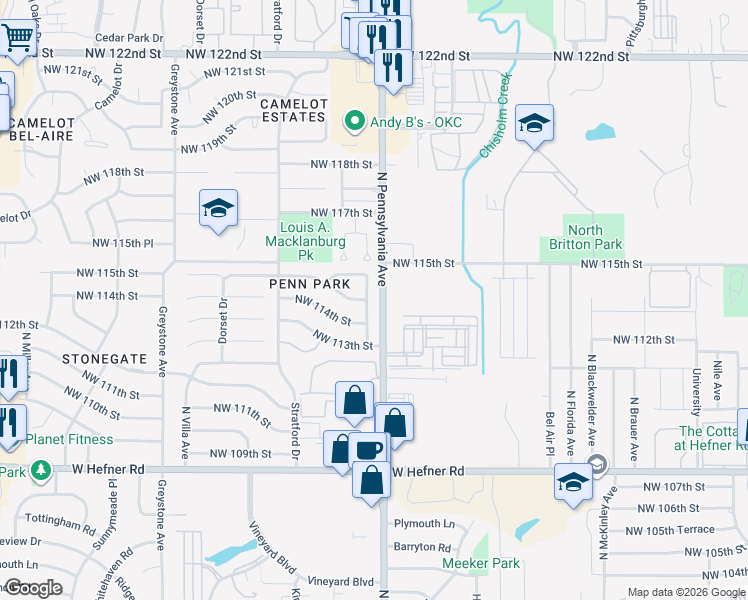 map of restaurants, bars, coffee shops, grocery stores, and more near 11516 North Barnes Avenue in Oklahoma City
