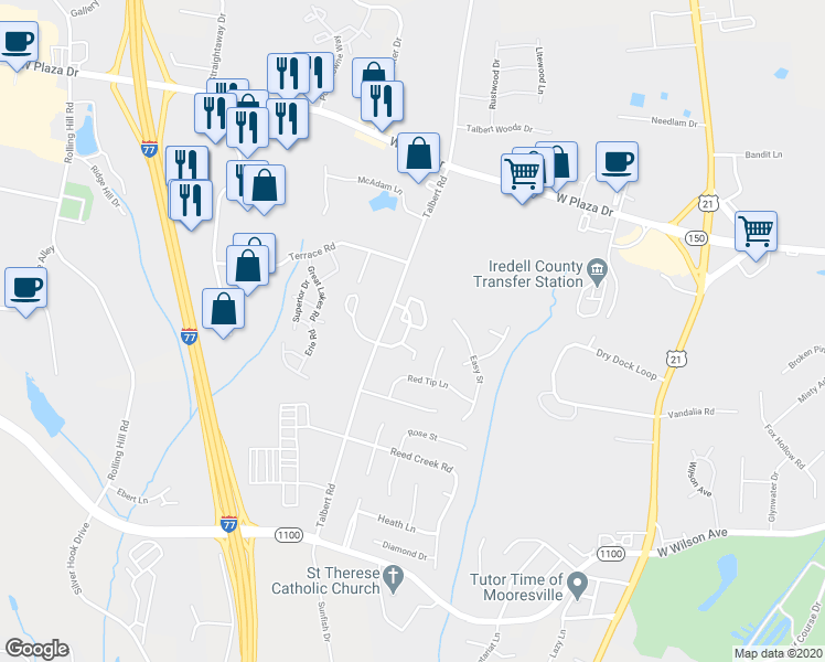 map of restaurants, bars, coffee shops, grocery stores, and more near 163 Kallie Loop in Mooresville