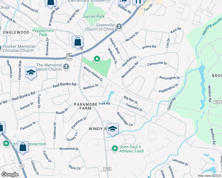 map of restaurants, bars, coffee shops, grocery stores, and more near 2237 Locksley Woods Drive in Greenville