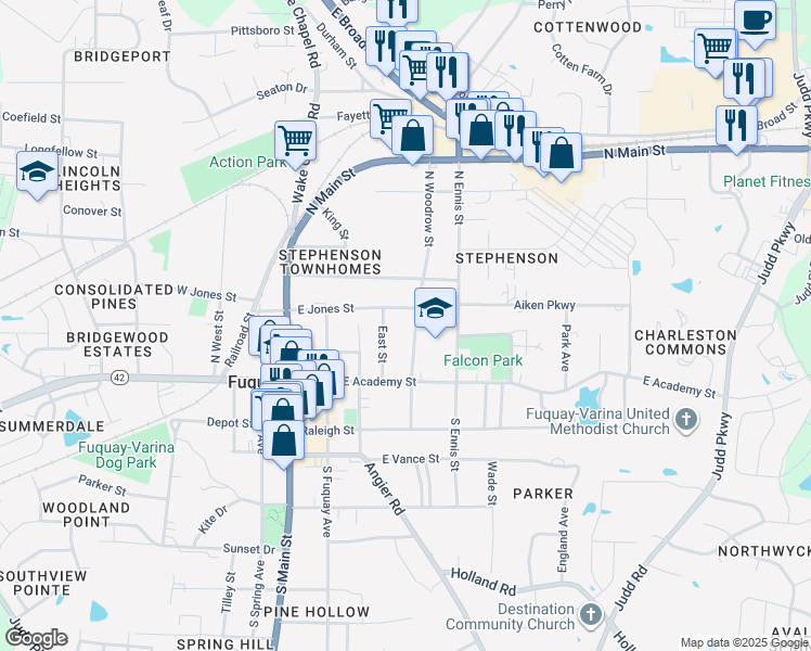 map of restaurants, bars, coffee shops, grocery stores, and more near 123 North Woodrow Street in Fuquay-Varina