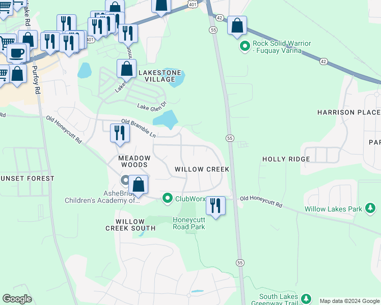 map of restaurants, bars, coffee shops, grocery stores, and more near 245 Appsmill Place in Fuquay Varina