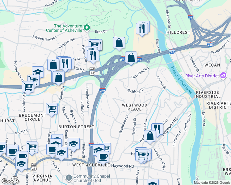 map of restaurants, bars, coffee shops, grocery stores, and more near 1 Worley Place in Asheville