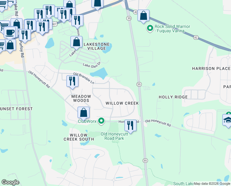 map of restaurants, bars, coffee shops, grocery stores, and more near 245 Appsmill Place in Fuquay-Varina