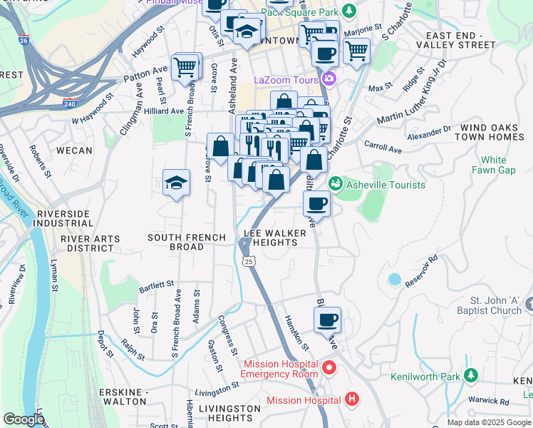 map of restaurants, bars, coffee shops, grocery stores, and more near 88 Southside Avenue in Asheville