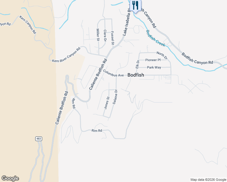 map of restaurants, bars, coffee shops, grocery stores, and more near 102 Salaine Drive in Bodfish