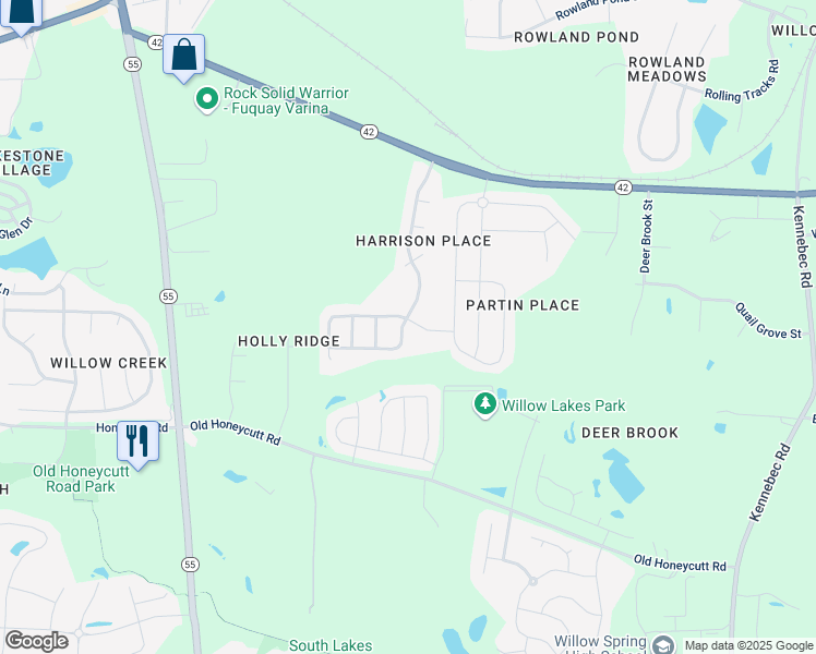 map of restaurants, bars, coffee shops, grocery stores, and more near 103 South Harrison Place Lane in Fuquay-Varina