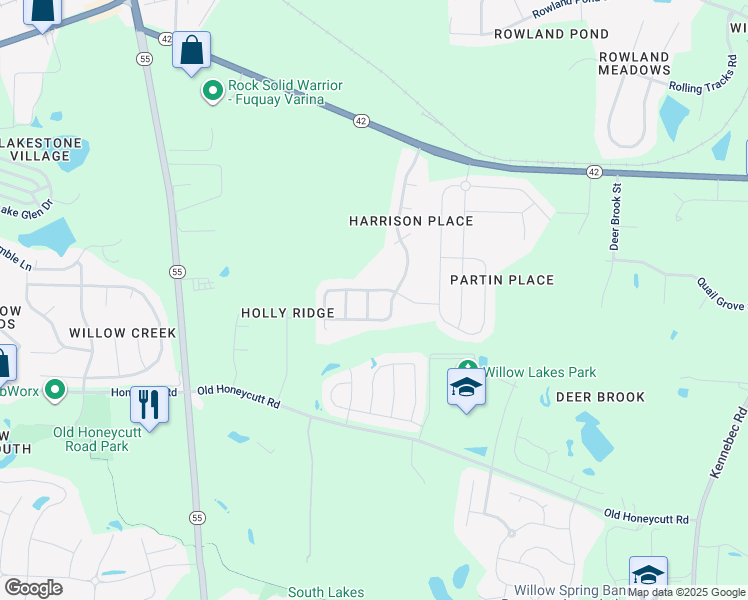 map of restaurants, bars, coffee shops, grocery stores, and more near Oak Rise Lane in Fuquay Varina
