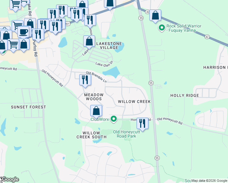 map of restaurants, bars, coffee shops, grocery stores, and more near 1773 Whitbrook Court in Fuquay Varina