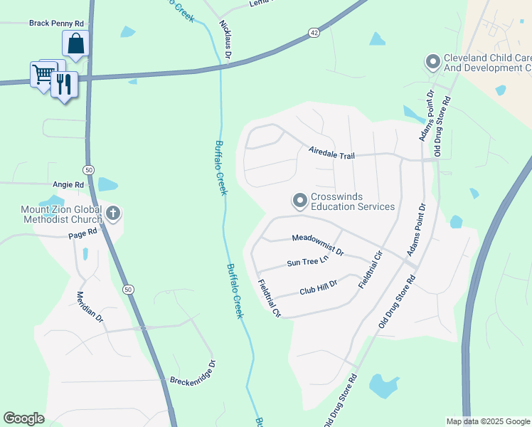 map of restaurants, bars, coffee shops, grocery stores, and more near 490 Fieldtrial Circle in Garner