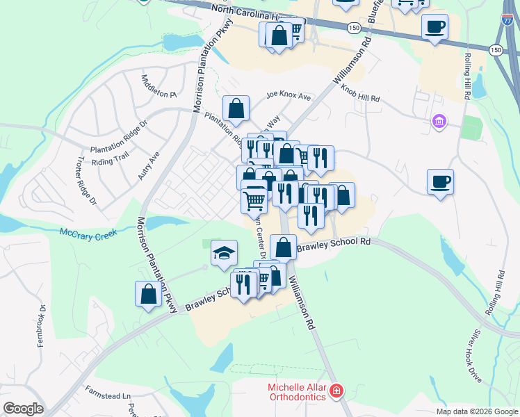 map of restaurants, bars, coffee shops, grocery stores, and more near 119 Town Center Drive in Mooresville