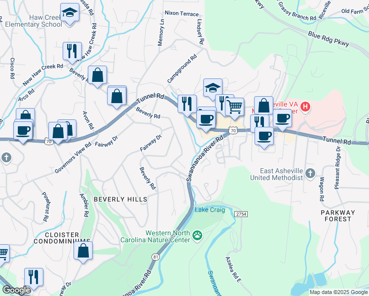 map of restaurants, bars, coffee shops, grocery stores, and more near 12 Marlborough Drive in Asheville