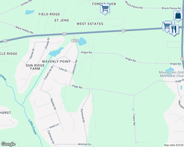 map of restaurants, bars, coffee shops, grocery stores, and more near 203 Freewill Place in Raleigh