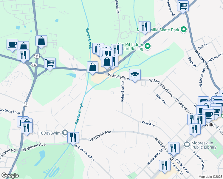 map of restaurants, bars, coffee shops, grocery stores, and more near 141 High Bluff Circle in Mooresville