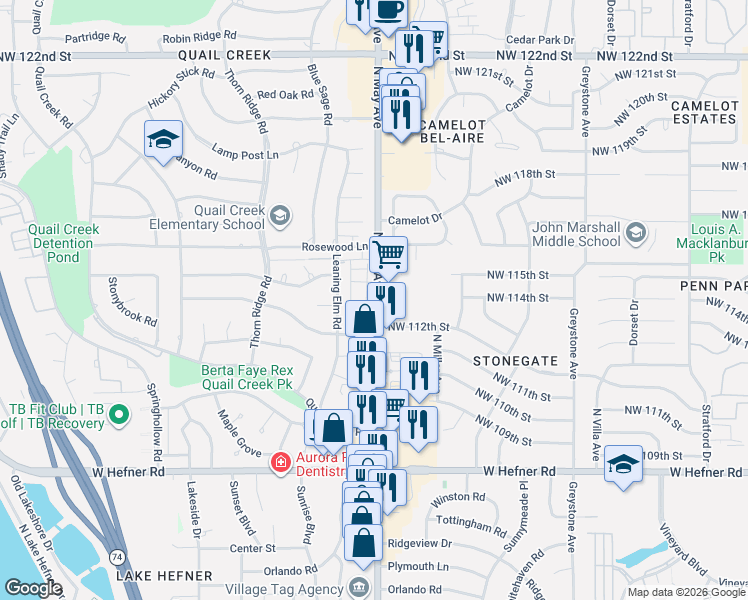map of restaurants, bars, coffee shops, grocery stores, and more near 11427 North May Avenue in Oklahoma City