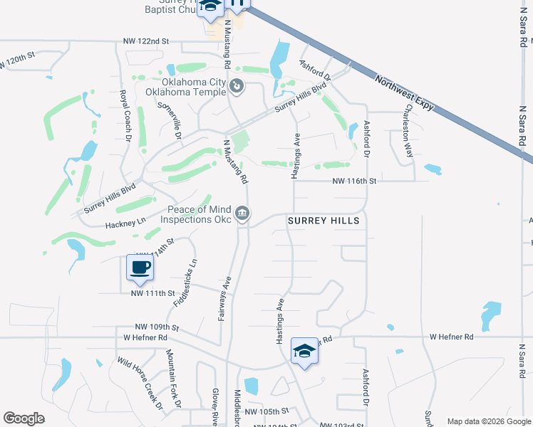 map of restaurants, bars, coffee shops, grocery stores, and more near 11301 Coachmans Road in Yukon