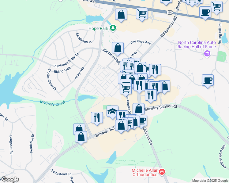 map of restaurants, bars, coffee shops, grocery stores, and more near 169 Singleton Road in Mooresville