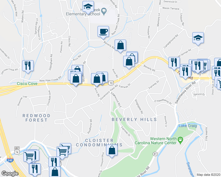 map of restaurants, bars, coffee shops, grocery stores, and more near 236 Governors View Road in Asheville