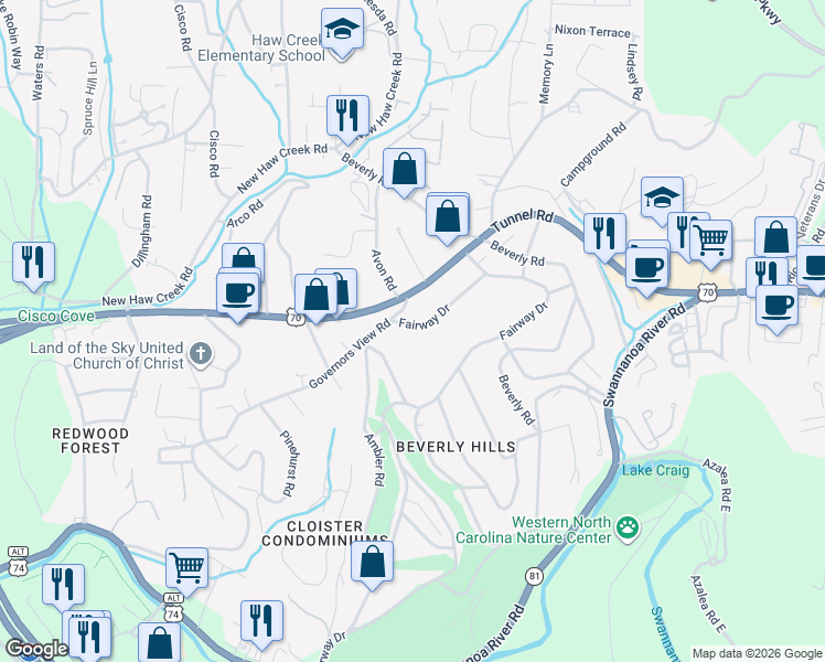 map of restaurants, bars, coffee shops, grocery stores, and more near 5 Fairway Drive in Asheville