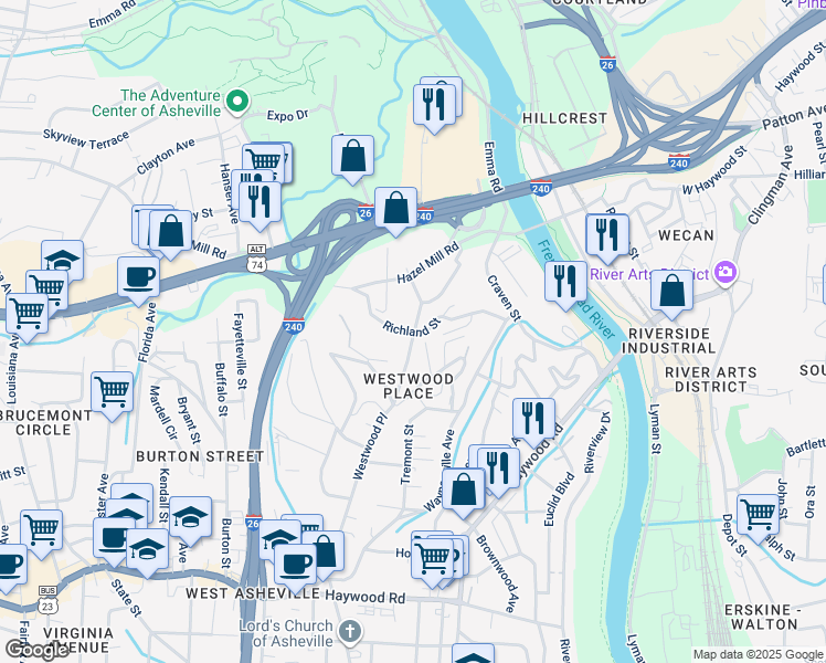 map of restaurants, bars, coffee shops, grocery stores, and more near 102 Richland Street in Asheville