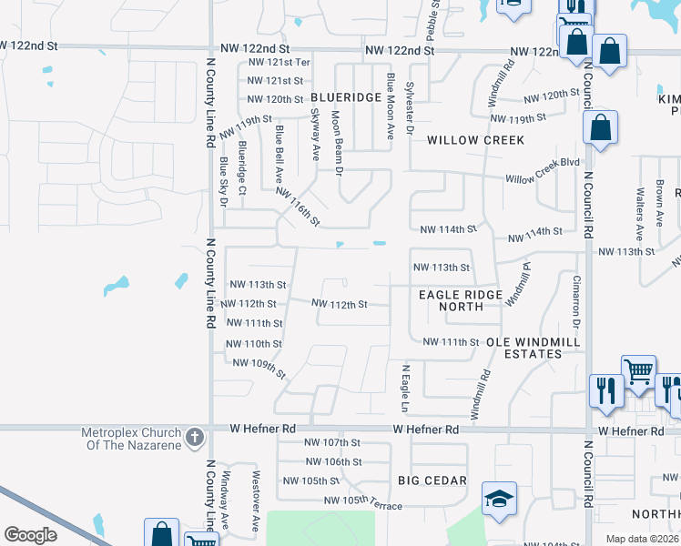 map of restaurants, bars, coffee shops, grocery stores, and more near 8609 Northwest 113th Court in Oklahoma City