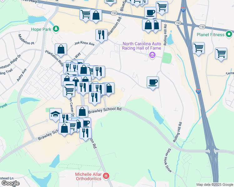 map of restaurants, bars, coffee shops, grocery stores, and more near 201 Town Square Circle in Mooresville