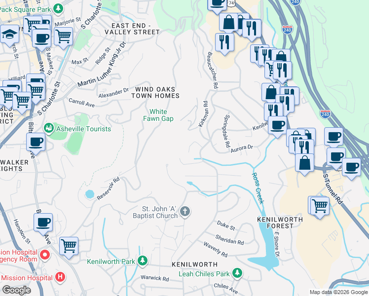 map of restaurants, bars, coffee shops, grocery stores, and more near 31 Rosefield Drive in Asheville