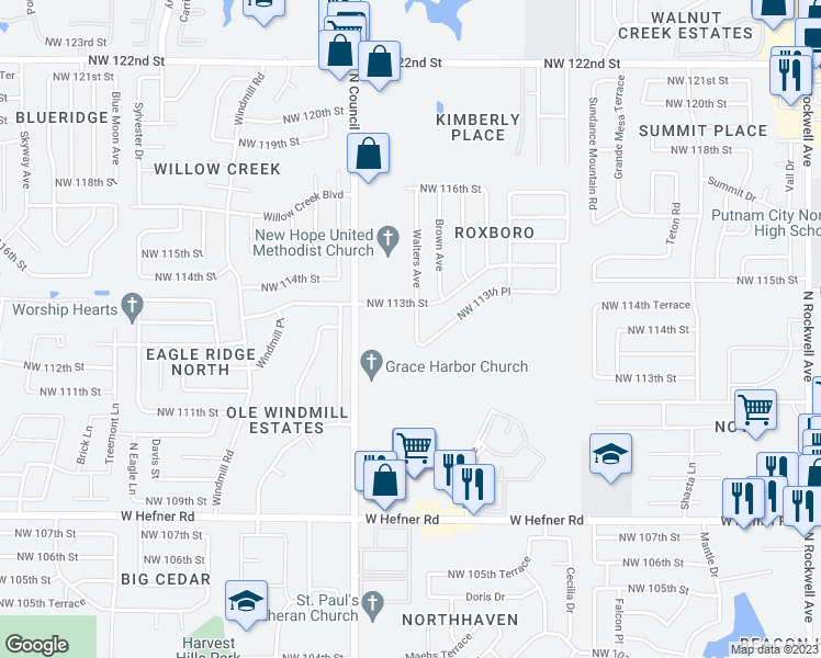 map of restaurants, bars, coffee shops, grocery stores, and more near 11361 Walters Avenue in Oklahoma City