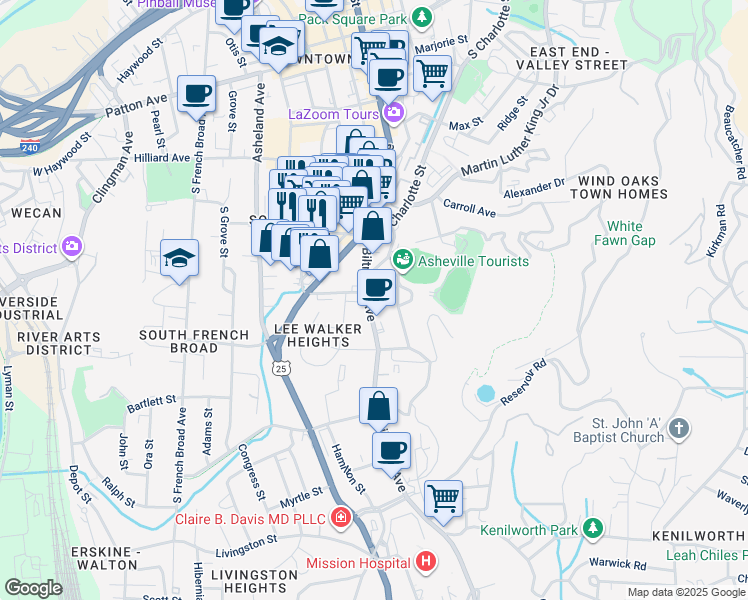map of restaurants, bars, coffee shops, grocery stores, and more near 67 Buchanan Avenue in Asheville