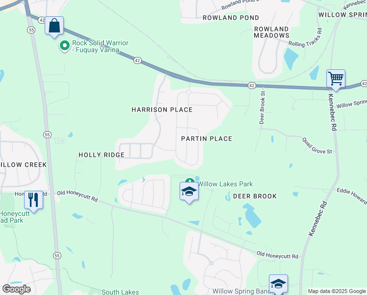 map of restaurants, bars, coffee shops, grocery stores, and more near 121 Willow Grove Lane in Fuquay-Varina