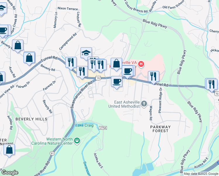 map of restaurants, bars, coffee shops, grocery stores, and more near 18 Oteen Park Place in Asheville