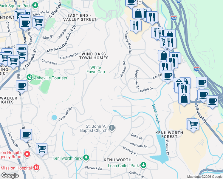map of restaurants, bars, coffee shops, grocery stores, and more near 31 Rosefield Drive in Asheville