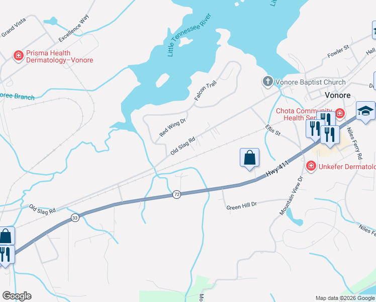 map of restaurants, bars, coffee shops, grocery stores, and more near 566 Old Slag Road in Vonore
