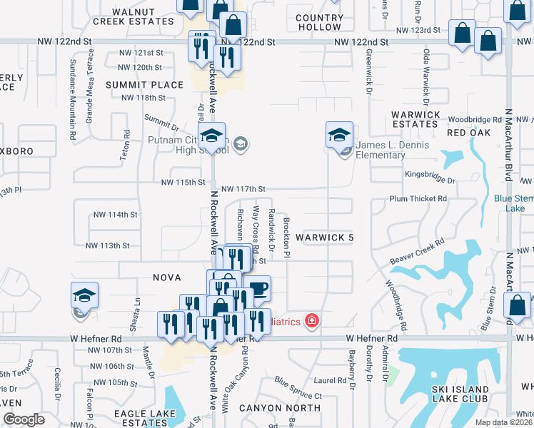 map of restaurants, bars, coffee shops, grocery stores, and more near 11517 Randwick Drive in Oklahoma City