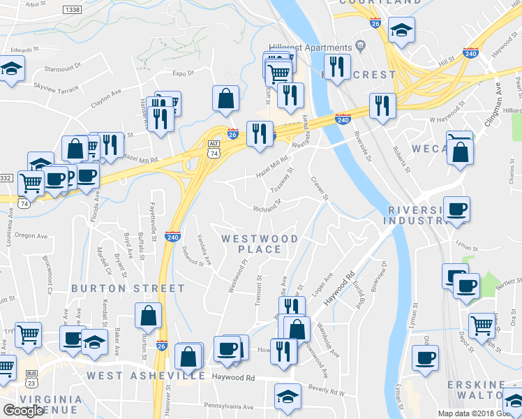 map of restaurants, bars, coffee shops, grocery stores, and more near 103 Richland Street in Asheville