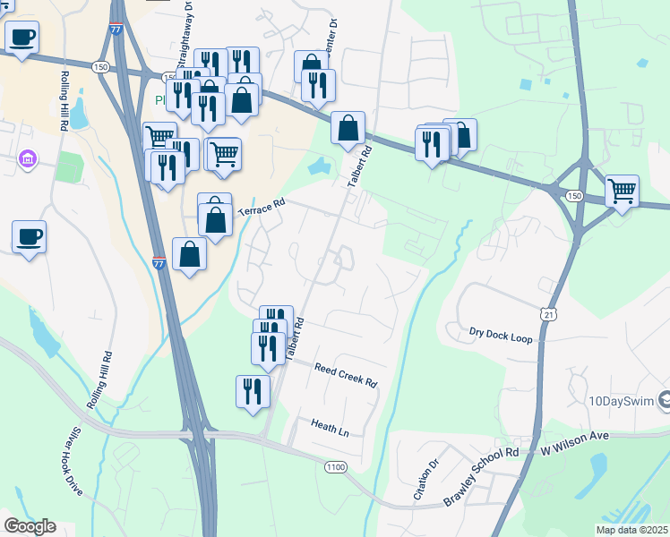 map of restaurants, bars, coffee shops, grocery stores, and more near 126 Talbert Town Loop in Mooresville