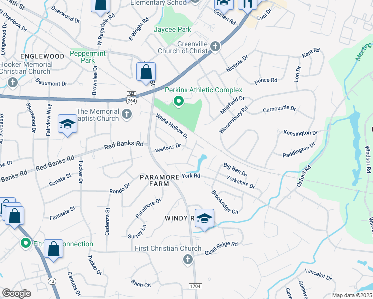 map of restaurants, bars, coffee shops, grocery stores, and more near 2001 White Hollow Drive in Greenville