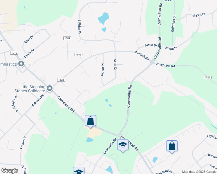 map of restaurants, bars, coffee shops, grocery stores, and more near 412 Penny Royal Lane in Garner