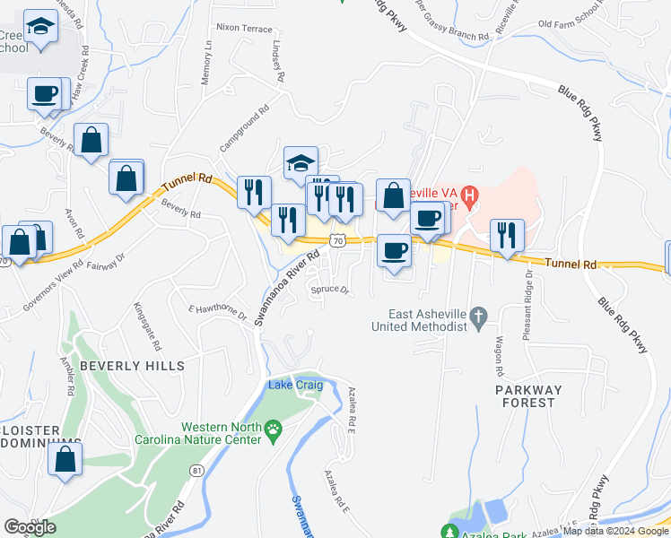 map of restaurants, bars, coffee shops, grocery stores, and more near 2 Rhododendron Drive in Asheville