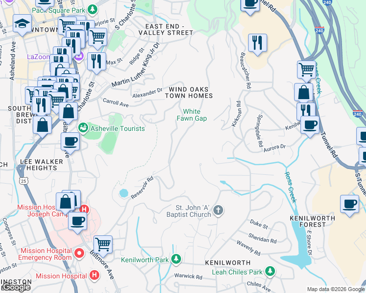 map of restaurants, bars, coffee shops, grocery stores, and more near 490 Windswept Drive in Asheville