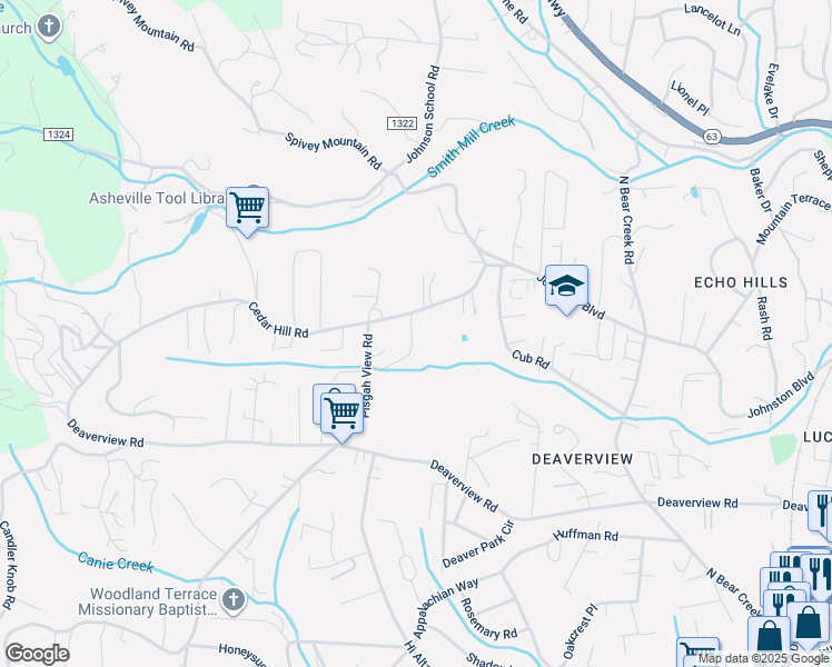 map of restaurants, bars, coffee shops, grocery stores, and more near 408 Villas Court in Asheville