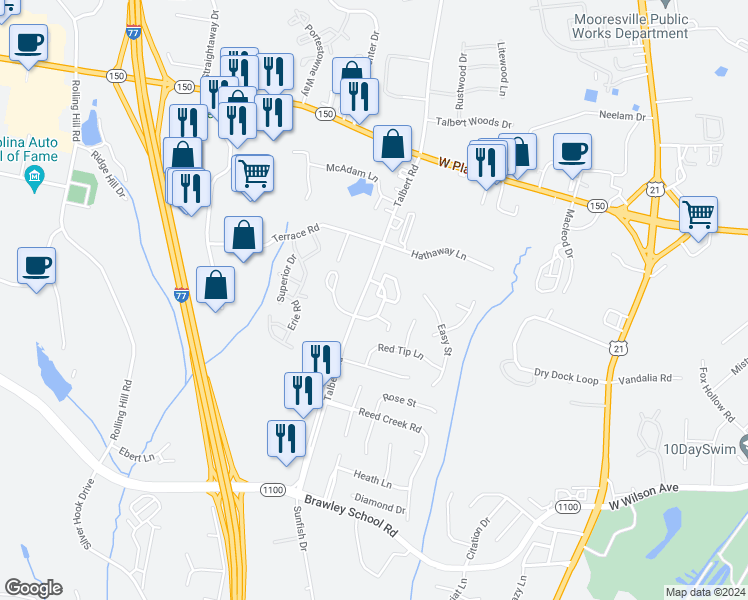 map of restaurants, bars, coffee shops, grocery stores, and more near 120 Talbert Town Loop in Mooresville