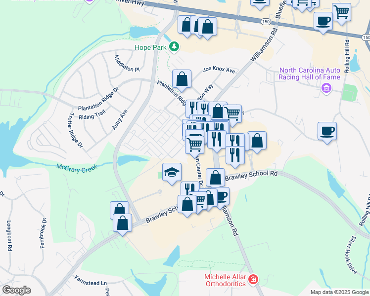 map of restaurants, bars, coffee shops, grocery stores, and more near 151 Marketplace Avenue in Mooresville