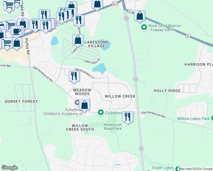 map of restaurants, bars, coffee shops, grocery stores, and more near 245 Weststone Boulevard in Fuquay Varina