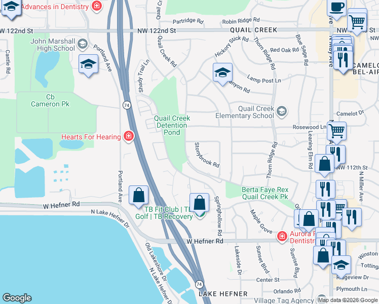 map of restaurants, bars, coffee shops, grocery stores, and more near 11409 Quail Creek Road in Oklahoma City
