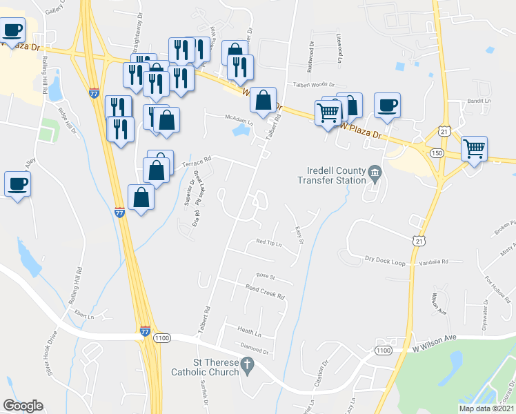map of restaurants, bars, coffee shops, grocery stores, and more near Talbert Town Loop in Mooresville