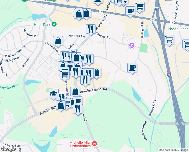 map of restaurants, bars, coffee shops, grocery stores, and more near 146a Mooresville Commons Way in Mooresville