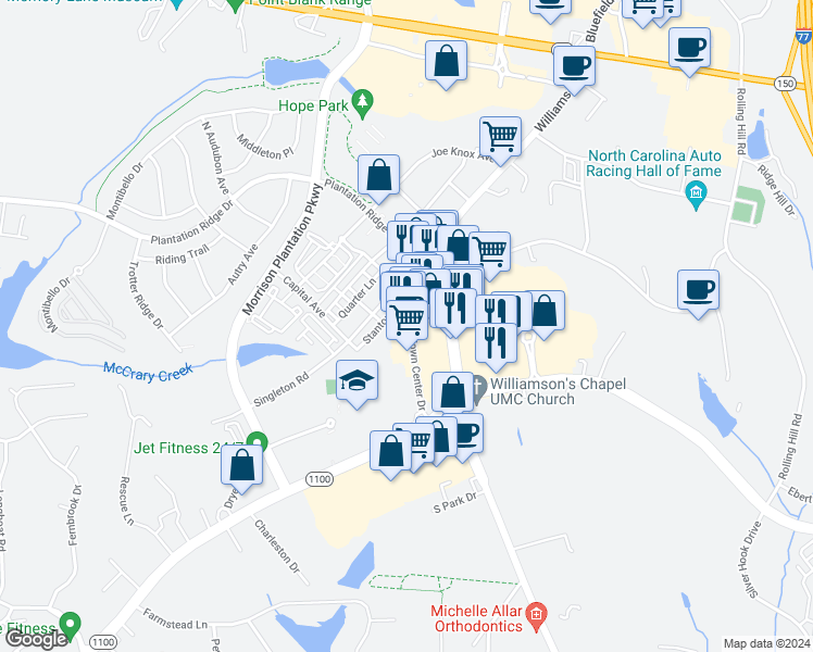 map of restaurants, bars, coffee shops, grocery stores, and more near Market Street in Cornelius